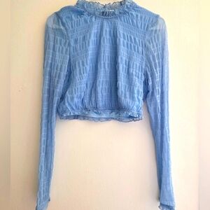 Bebe Light Blue Sheer Long Sleeve Crop Top Stretchy Sz‎ Medium